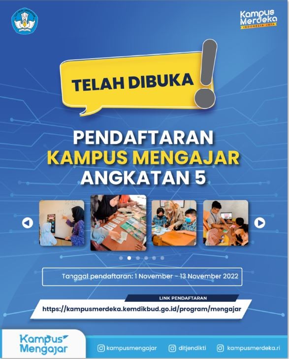 Pendaftaran Kampus Mengajar angkatan 5 telah dibuka tanggal 1 - 13 November 2022!