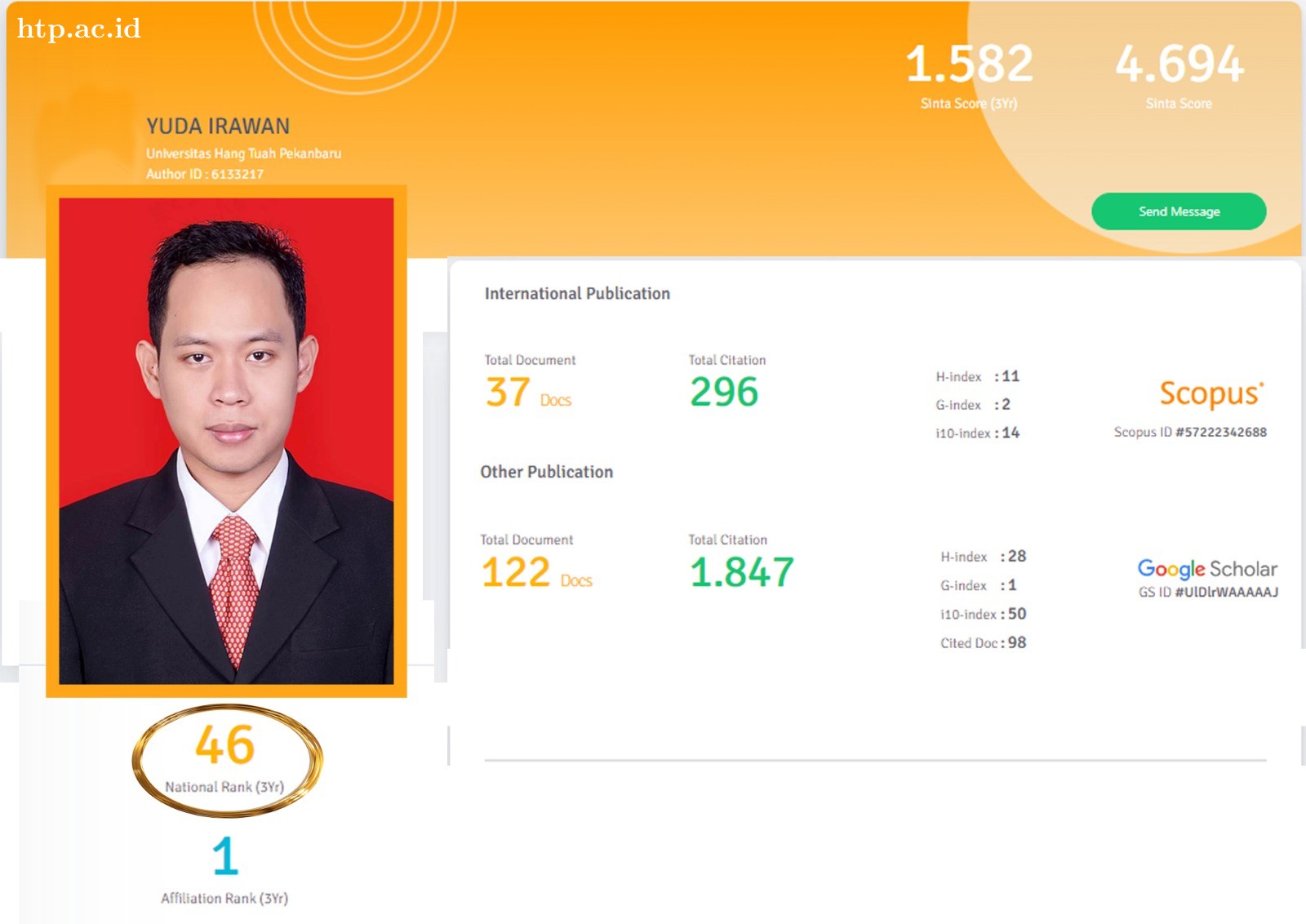Yuda Irawan Dosen UHTP Meraih Peringkat 46 Sinta Nasional Dan Urutan 2 di LLDIKTI X